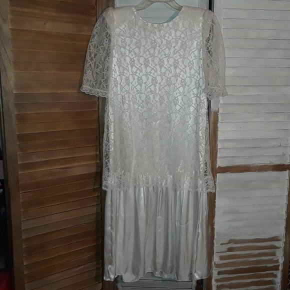 Vintage, Lace Overlay Midi Dress, Short Sheer Lace Sleeves - Picture 1 of 6